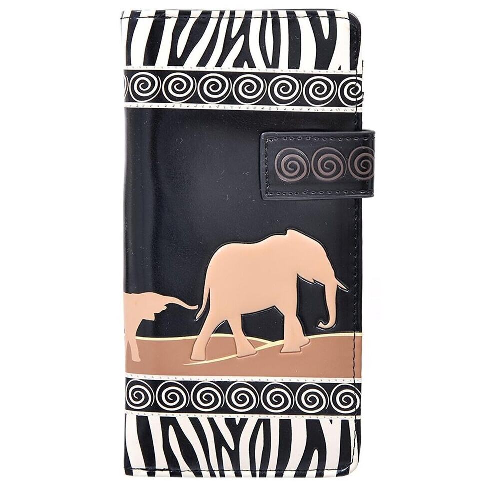Shag Wear Womens Large Faux Leather Clutch Wallet - Black Elephant Safari NWT